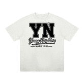 Christ-centered streetwear tee with bold YN varsity logo, Young Neighbors script, and Mark 12:31 scripture on light color fabric