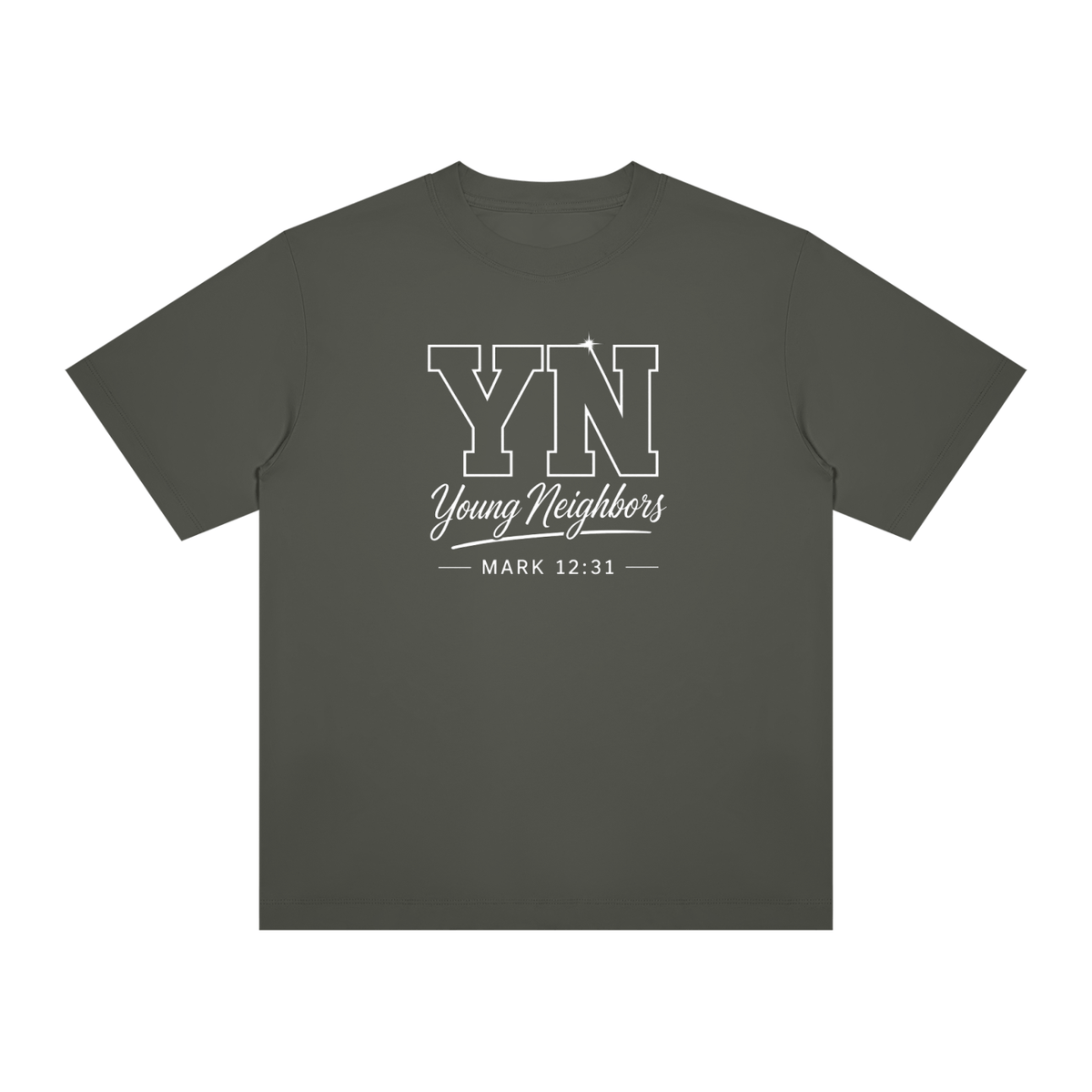 Young Neighbors Signature Tee with varsity YN logo and Mark 12:31 scripture print