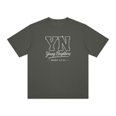 Young Neighbors Signature Tee with varsity YN logo and Mark 12:31 scripture print