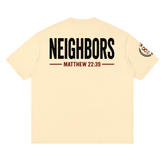 Unisex Love Is Calling Everyone Neighbor Tee with distressed love graphic and Neighbors print inspired by Matthew 22:39