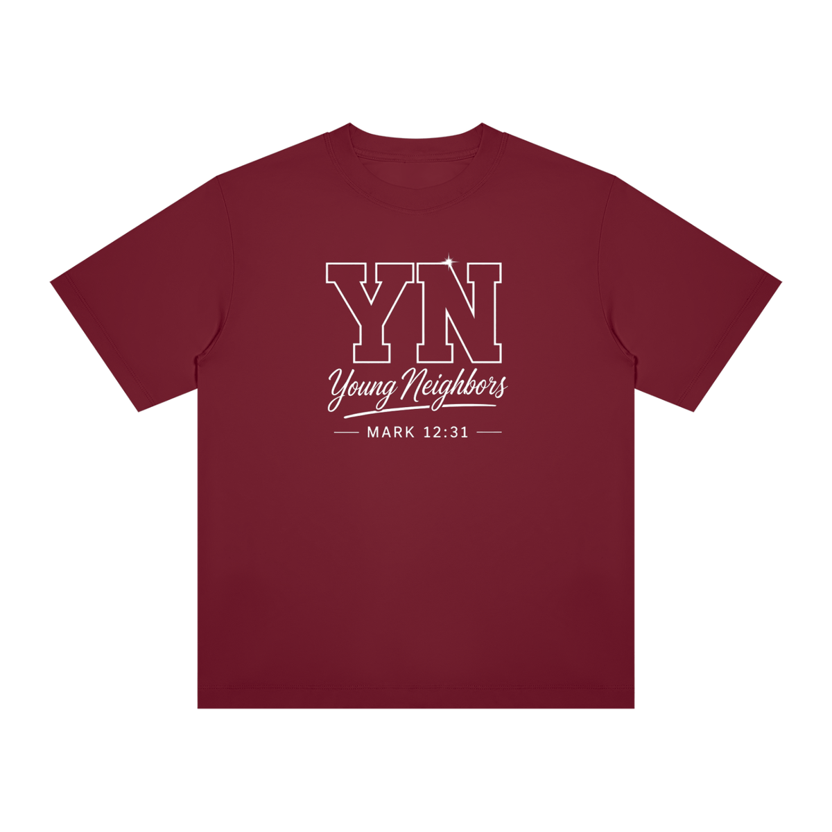 Young Neighbors Signature Tee with varsity YN logo and Mark 12:31 scripture in streetwear style