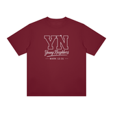 Young Neighbors Signature Tee with varsity YN logo and Mark 12:31 scripture in streetwear style