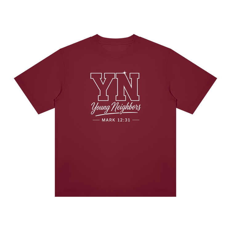 Young Neighbors Signature Tee with varsity YN logo and Mark 12:31 scripture in streetwear style