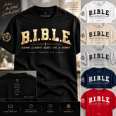 Black Bible T-shirt with bold gold B.I.B.L.E. design and size chart details