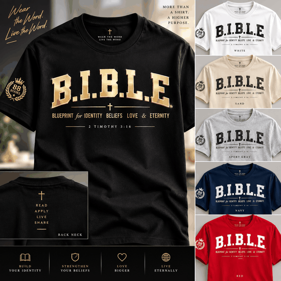 Black Bible T-shirt with bold gold B.I.B.L.E. design and size chart details