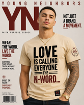 Unisex Love Is Calling Everyone Neighbor Tee featuring distressed front love graphic and large NEIGHBORS print with Matthew 22:39 on comfortable heavyweight cotton