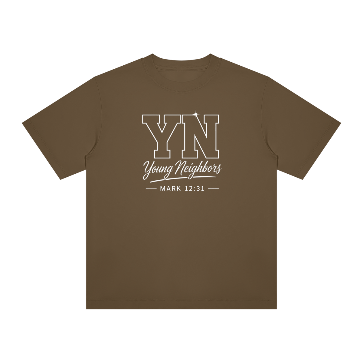 Young Neighbors Signature Tee with varsity YN logo and Mark 12:31 scripture on premium cotton
