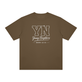 Young Neighbors Signature Tee with varsity YN logo and Mark 12:31 scripture on premium cotton