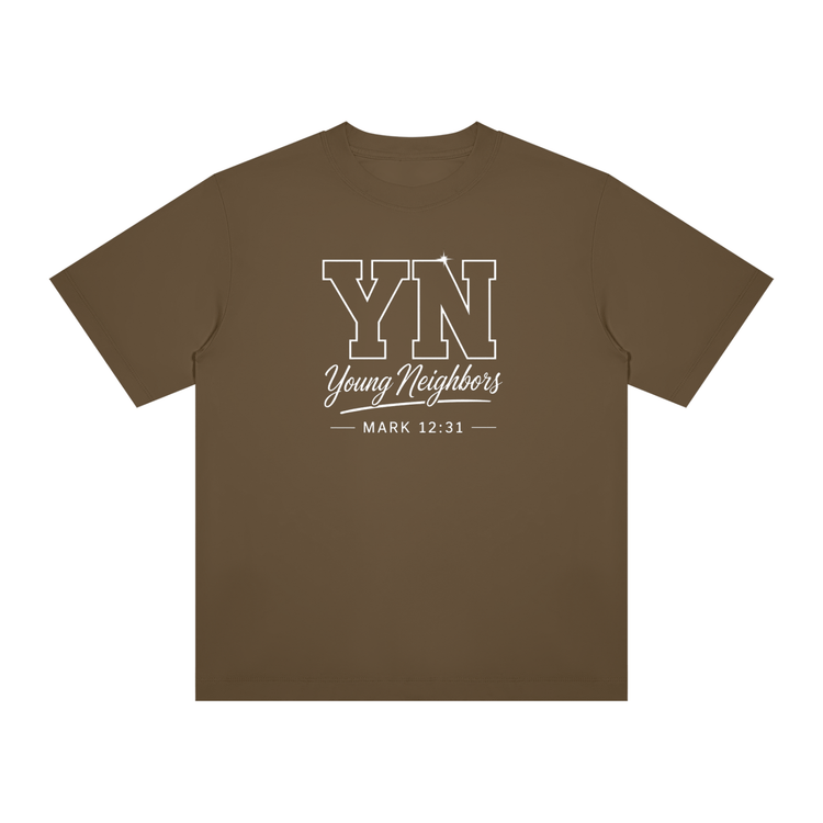 Young Neighbors Signature Tee with varsity YN logo and Mark 12:31 scripture on premium cotton