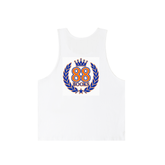 Young Neighbors royal blue and orange basketball tank top with oversized YN logo and scripture Mark 12:31 design