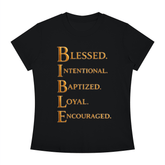 Slim fit crewneck B.I.B.L.E woman tee with inspirational Christian scripture design