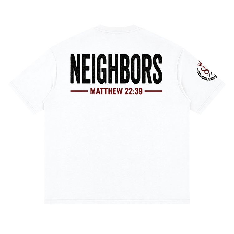 Black unisex tee with Love Is Calling bold distressed front graphic and large NEIGHBORS print featuring Matthew 22:39 on back