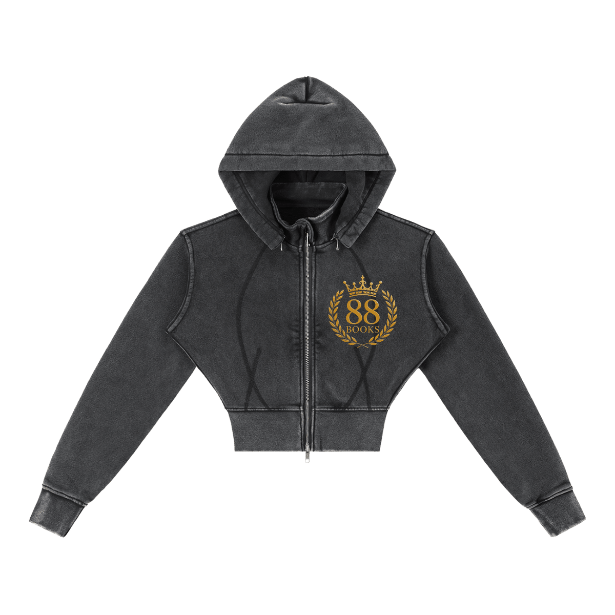 Vintage washed cropped fleece hoodie for women with zipper and patchwork design