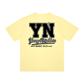 Christ-centered streetwear tee with bold YN logo and Mark 12:31 scripture in light color