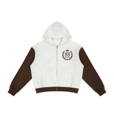 unisex color block fleece full zip hoodie with patchwork design and hood