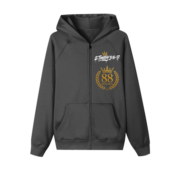 Unisex essential zip-up fleece hoodie in apricot, black, and grey with hood and zipper, made from 30% cotton and 70% polyester fabric.