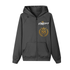 Unisex essential zip-up fleece hoodie in apricot, black, and grey with hood and zipper, made from 30% cotton and 70% polyester fabric.