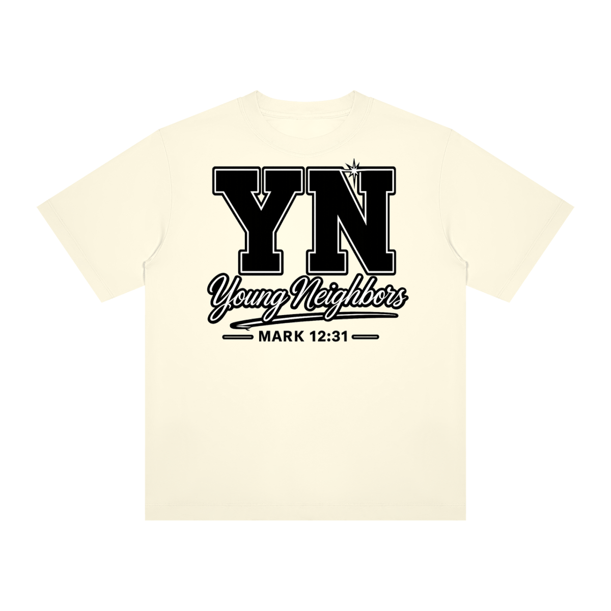 Christ-centered streetwear tee with oversized YN logo and Mark 12:31 scripture in light color