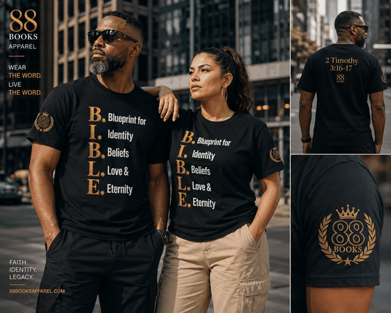 Christian-inspired tee with B.I.B.L.E. blueprint design for inspiration, beliefs, love, and eternity