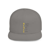White Emoji Mood Tracker snapback hat with green undervisor and embroidered vertical design