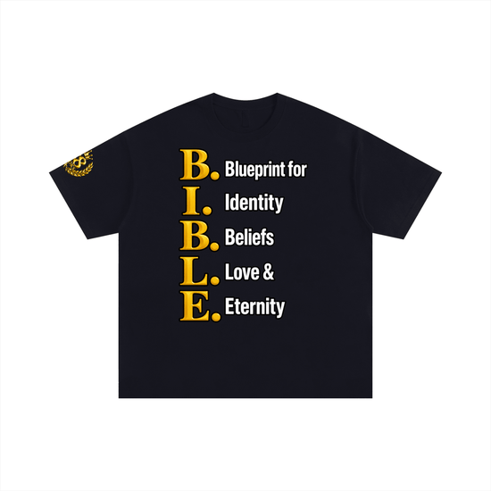 Christian-inspired tee with B.I.B.L.E. blueprint design in modern style