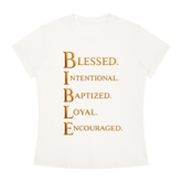 Slim fit crewneck Christian scripture t-shirt with inspirational Bible message on women&