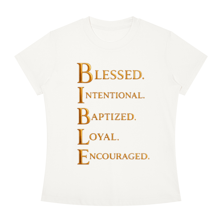 Slim fit crewneck Christian scripture t-shirt with inspirational Bible message on women&