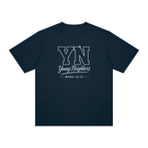 Young Neighbors Signature Tee with varsity YN logo and Mark 12:31 scripture in premium cotton