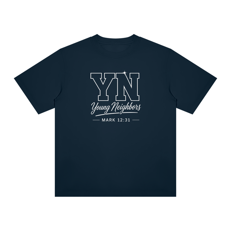 Young Neighbors Signature Tee with varsity YN logo and Mark 12:31 scripture in premium cotton