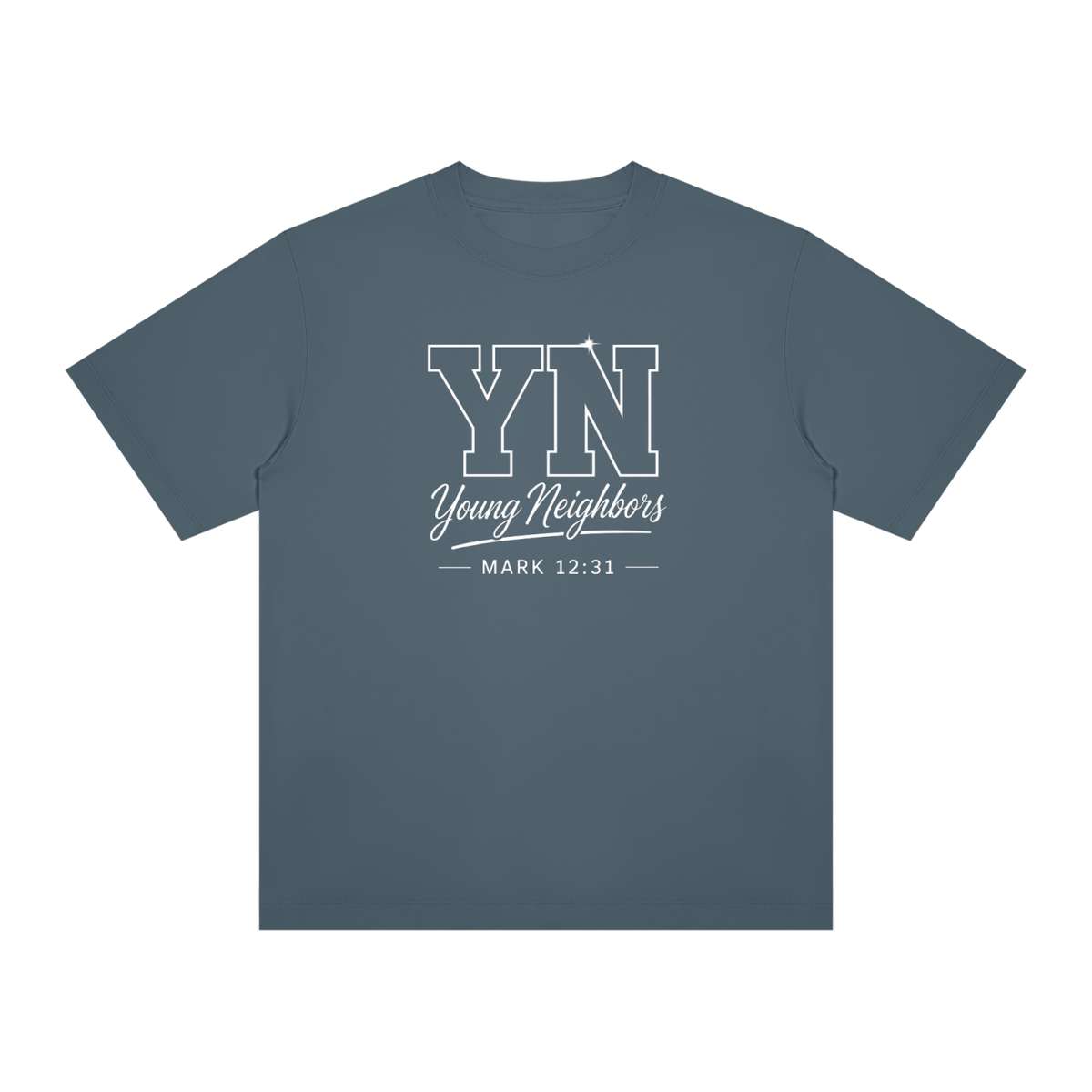 Young Neighbors Signature Tee in white with varsity-style YN logo and Mark 12:31 scripture text