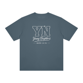 Young Neighbors Signature Tee in white with varsity-style YN logo and Mark 12:31 scripture text