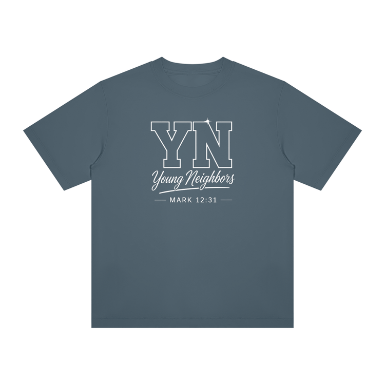 Young Neighbors Signature Tee in white with varsity-style YN logo and Mark 12:31 scripture text
