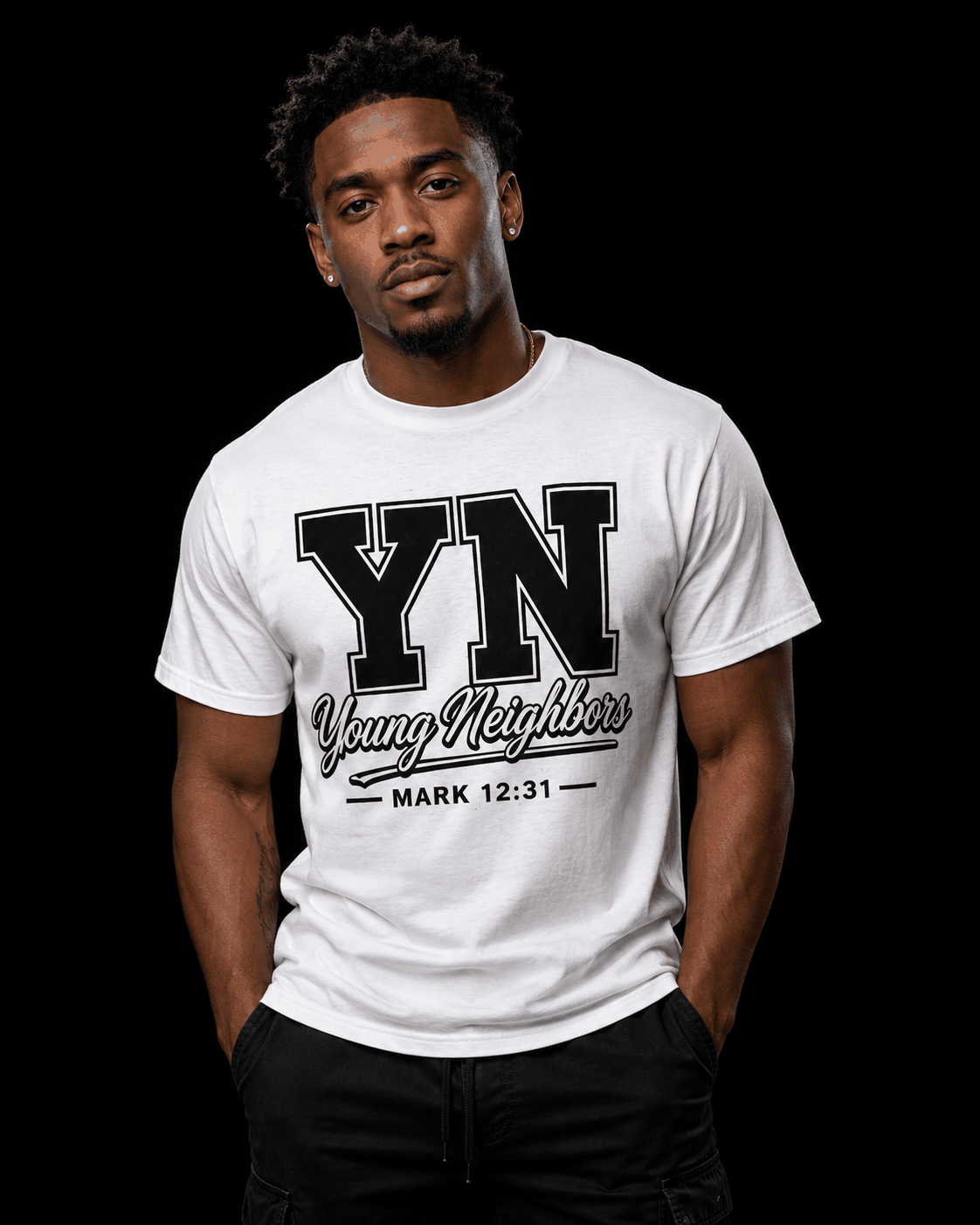 Christ-centered streetwear tee Young Neighbors signature light color design on model