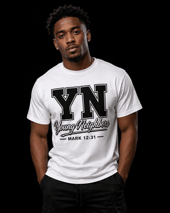 Christ-centered streetwear tee Young Neighbors signature light color design on model