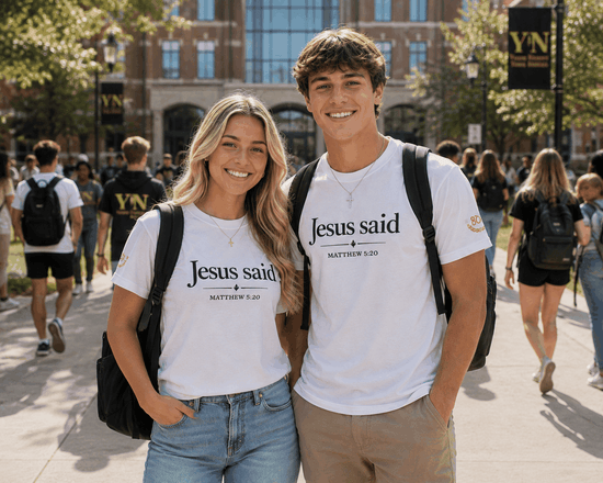 Christian Scripture Quote Tee with "Jesus said" text and Matthew 5:20 quote in red on back, 100% cotton, classic fit