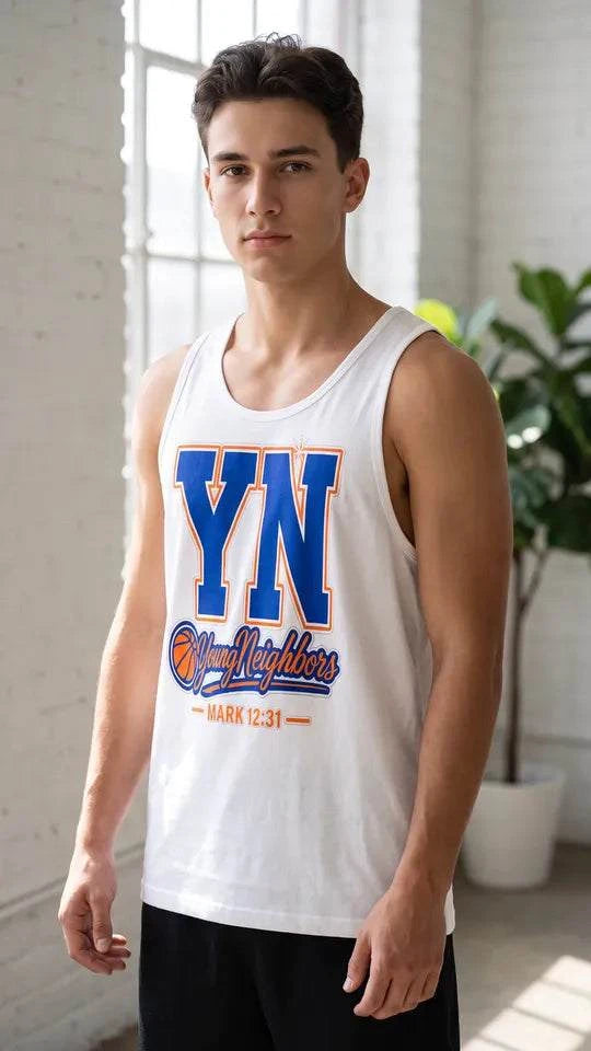 Young Neighbors Courtside Basketball Tank top with size guide for athletic wear