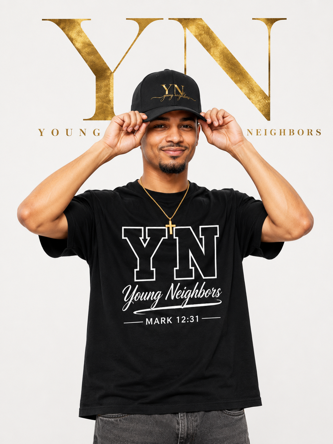 Young Neighbors Monthly Bundle 4 of our top items. Black YN and White YN shirts. YN tank top and YN cap all for one low price!