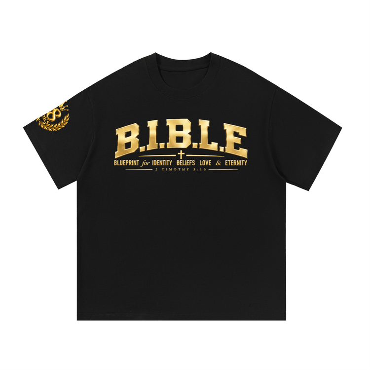 Black Bible T-shirt with gold B.I.B.L.E. design, size chart included