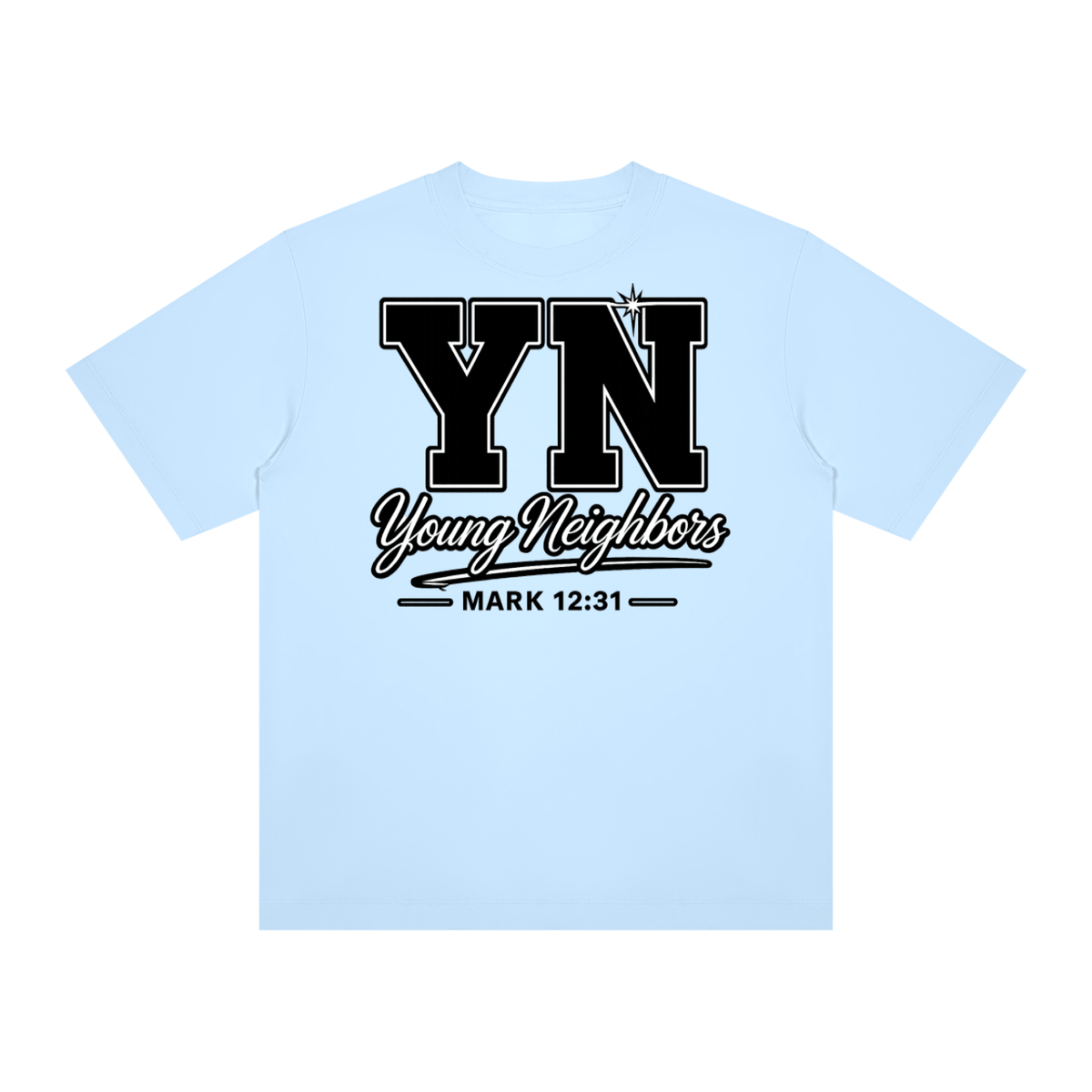 Christ-centered streetwear tee with bold YN varsity logo and Young Neighbors script featuring Mark 12:31 scripture.