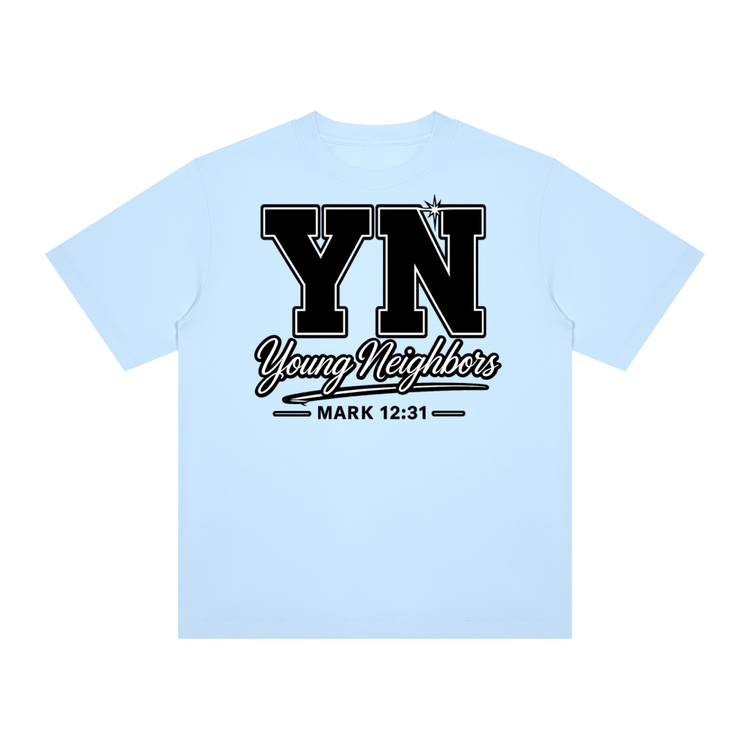Christ-centered streetwear tee with bold YN varsity logo and Young Neighbors script featuring Mark 12:31 scripture.