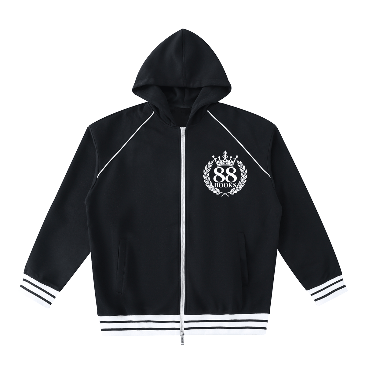 Unisex striped trim zip-up hoodie with hood and long sleeves in cotton-polyester blend fabric