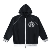 Unisex striped trim zip-up hoodie with hood and long sleeves in cotton-polyester blend fabric