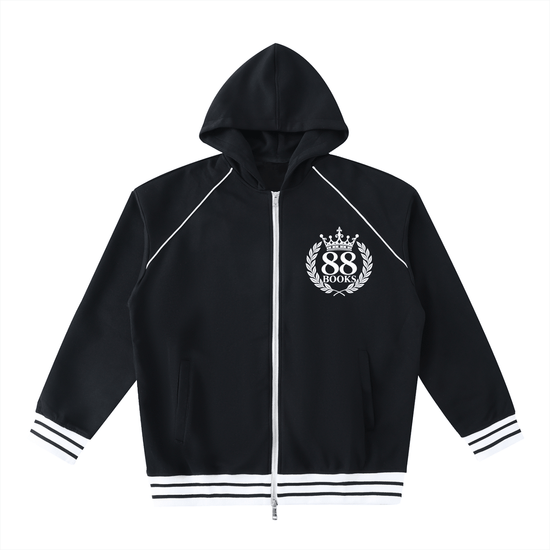 Unisex striped trim zip-up hoodie with hood and long sleeves in cotton-polyester blend fabric