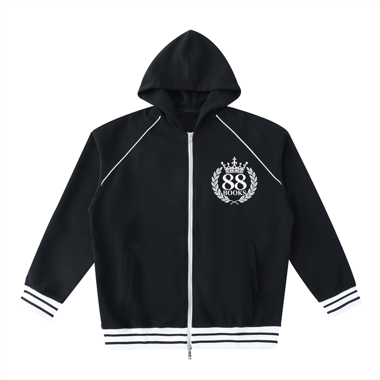 Unisex striped trim zip-up hoodie with hood and long sleeves in cotton-polyester blend fabric