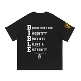 Black Bible T-shirt with gold B.I.B.L.E. design and size chart details