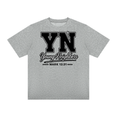Christ-centered streetwear tee with oversized YN logo and Young Neighbors script on light color fabric