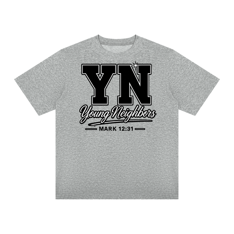 Christ-centered streetwear tee with oversized YN logo and Young Neighbors script on light color fabric