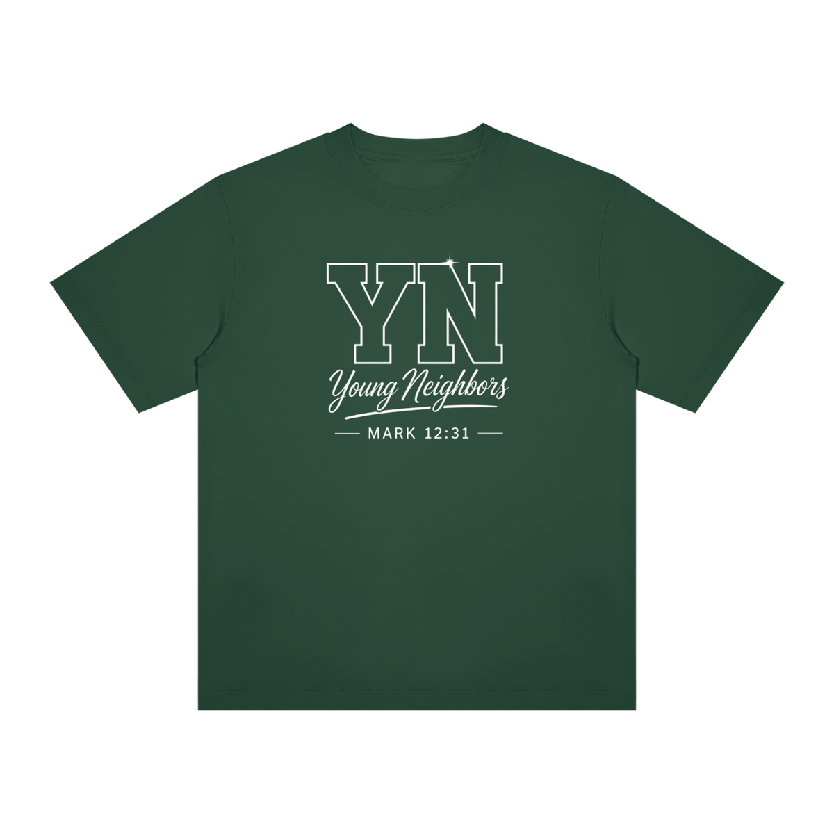 Young Neighbors Signature Tee with varsity YN logo and Mark 12:31 scripture reference on premium cotton