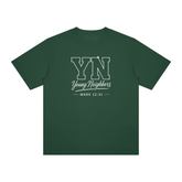 Young Neighbors Signature Tee with varsity YN logo and Mark 12:31 scripture reference on premium cotton