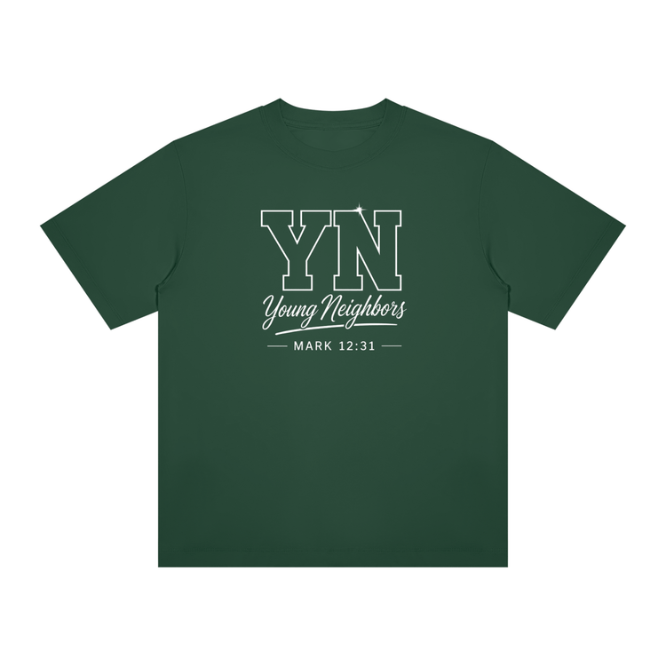 Young Neighbors Signature Tee with varsity YN logo and Mark 12:31 scripture reference on premium cotton